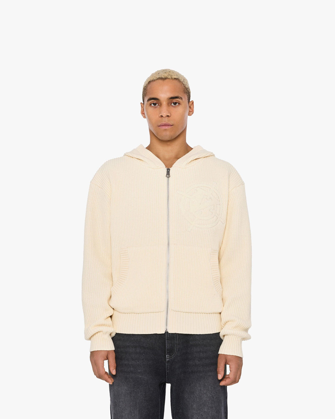 V-LOGO KNIT ZIP HOODIE BEIGE