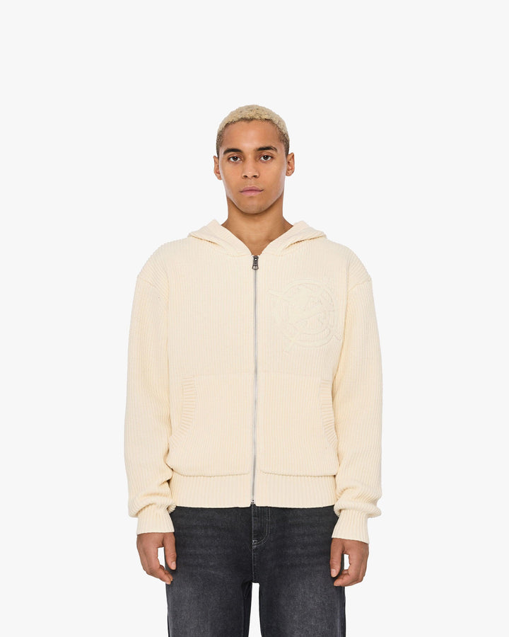 V-LOGO KNIT ZIP HOODIE BEIGE