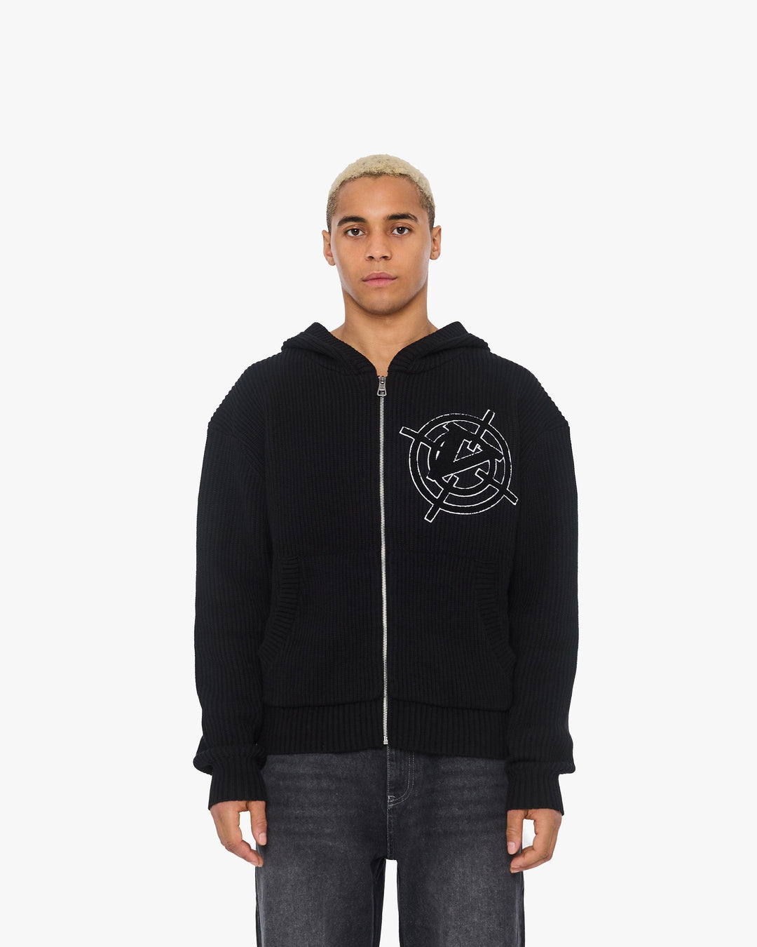 V-LOGO KNIT ZIP HOODIE BLACK