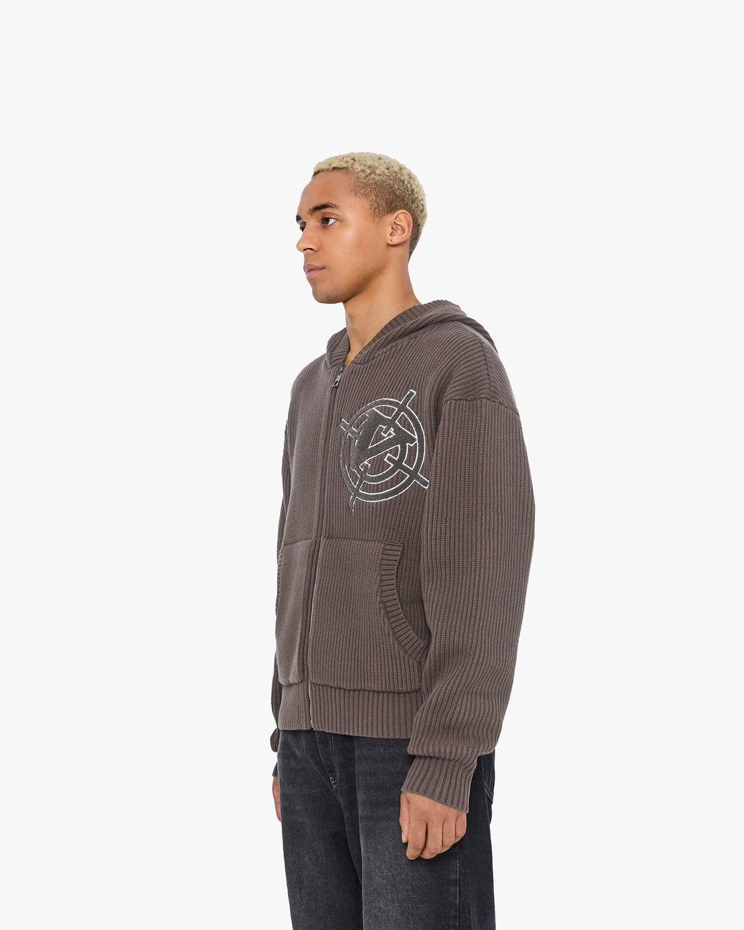 V-LOGO KNIT ZIP HOODIE MUD BROWN