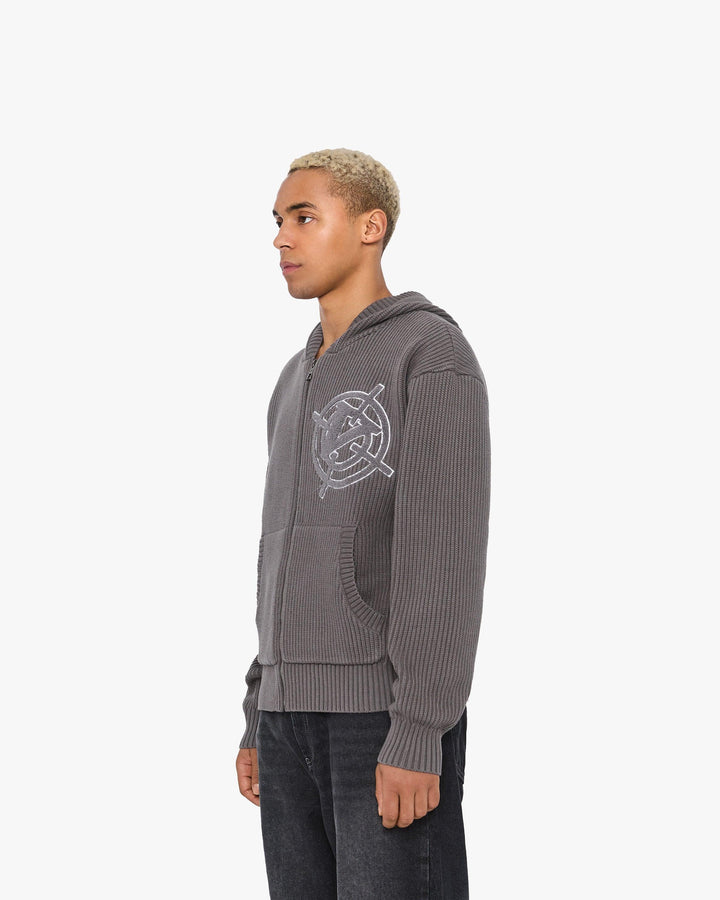 V-LOGO KNIT ZIP HOODIE ASH GREY