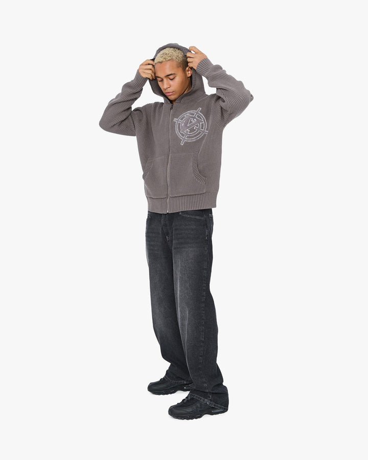 V-LOGO KNIT ZIP HOODIE ASH GREY