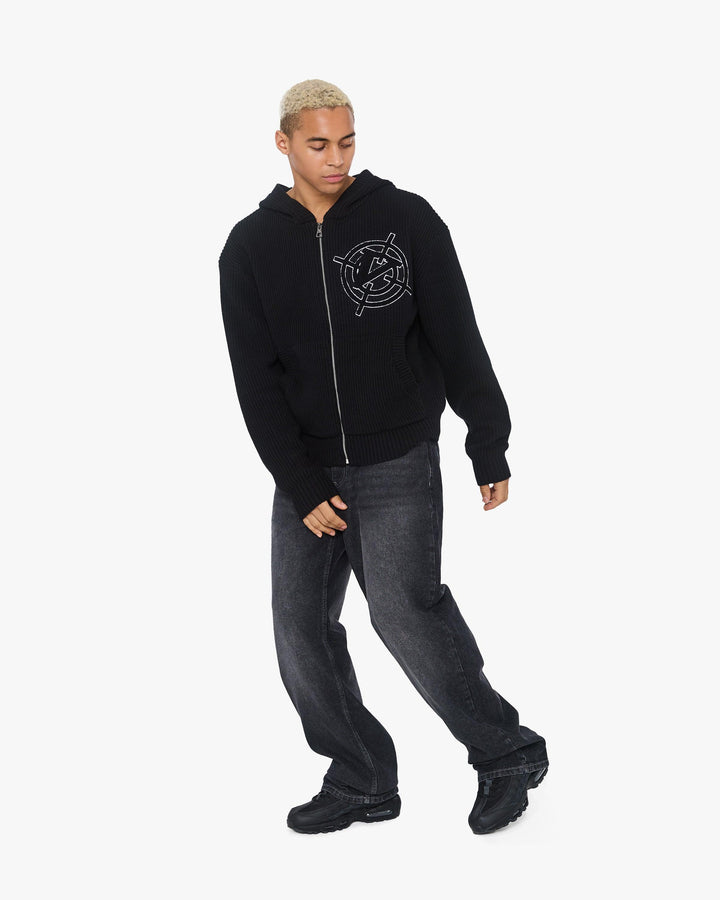 V-LOGO KNIT ZIP HOODIE BLACK