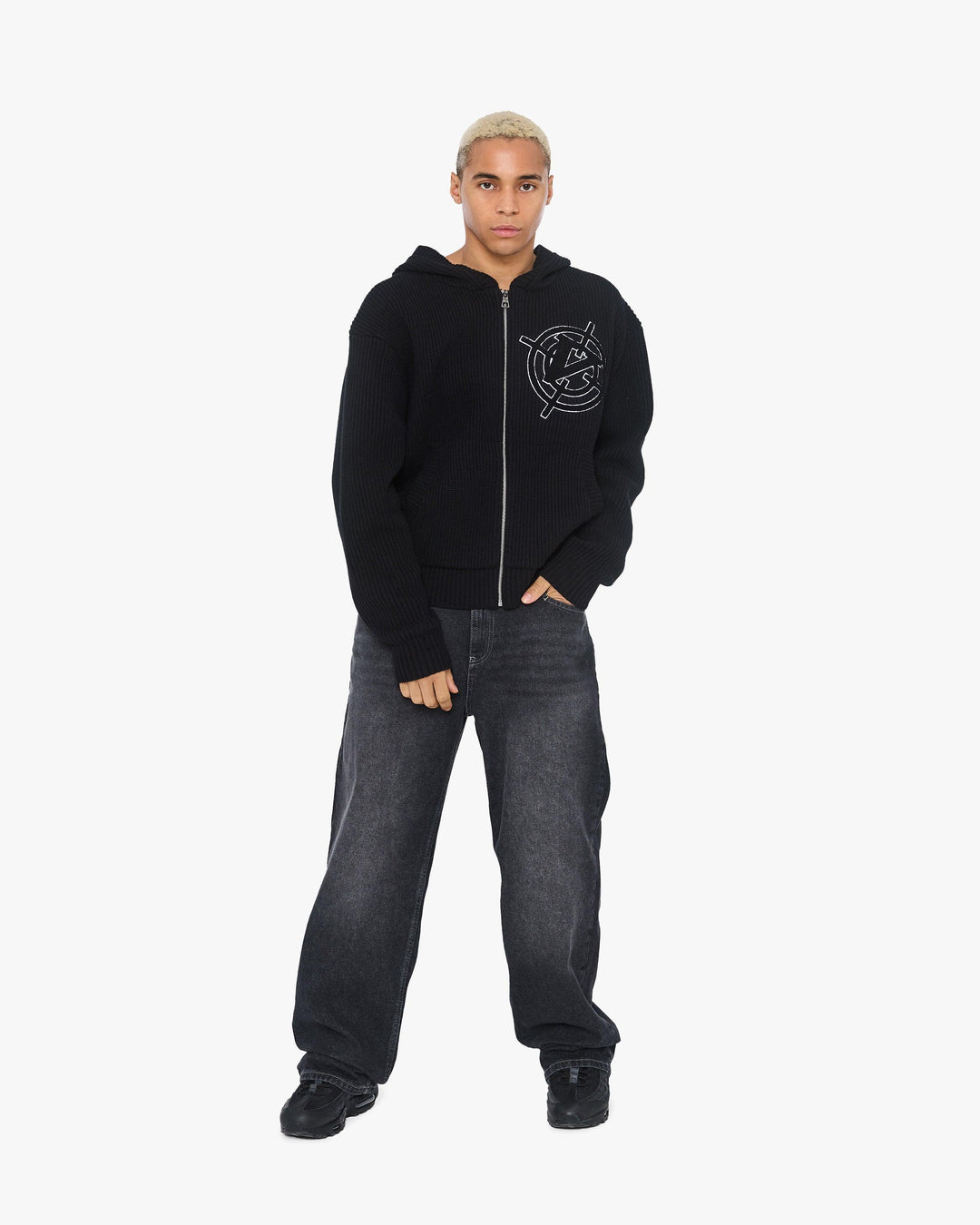 V-LOGO KNIT ZIP HOODIE BLACK