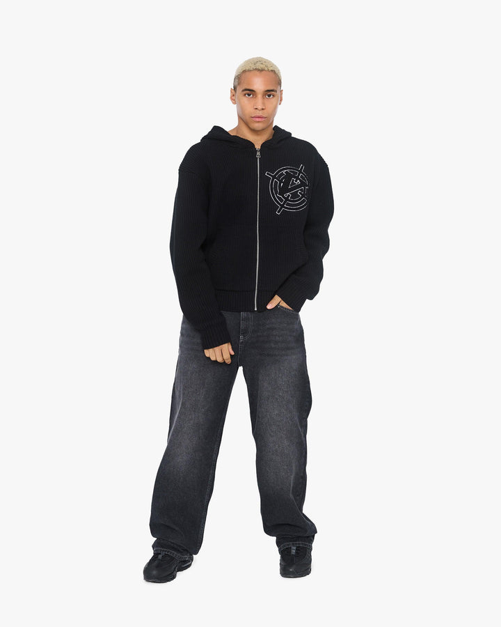 V-LOGO KNIT ZIP HOODIE BLACK