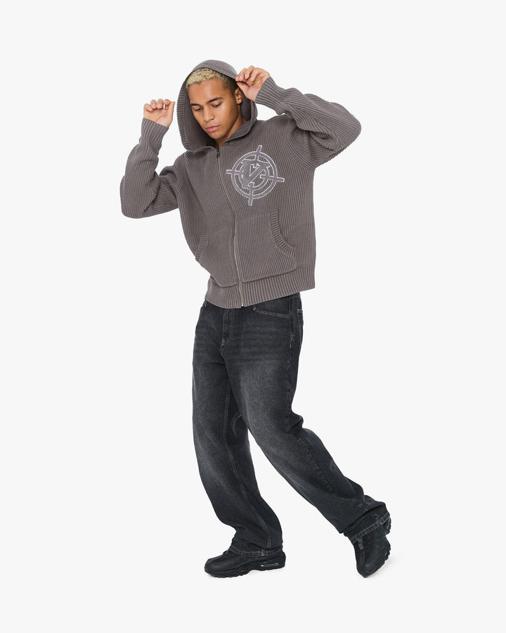 V-LOGO KNIT ZIP HOODIE ASH GREY