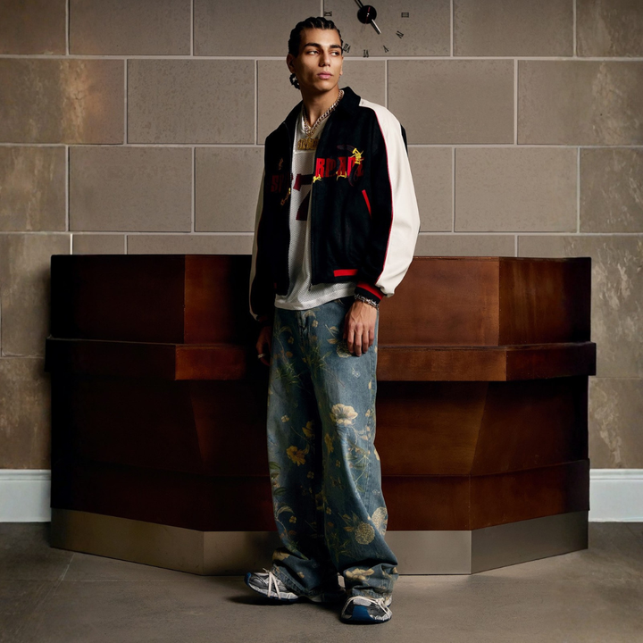 Denim Floral Print Jeans