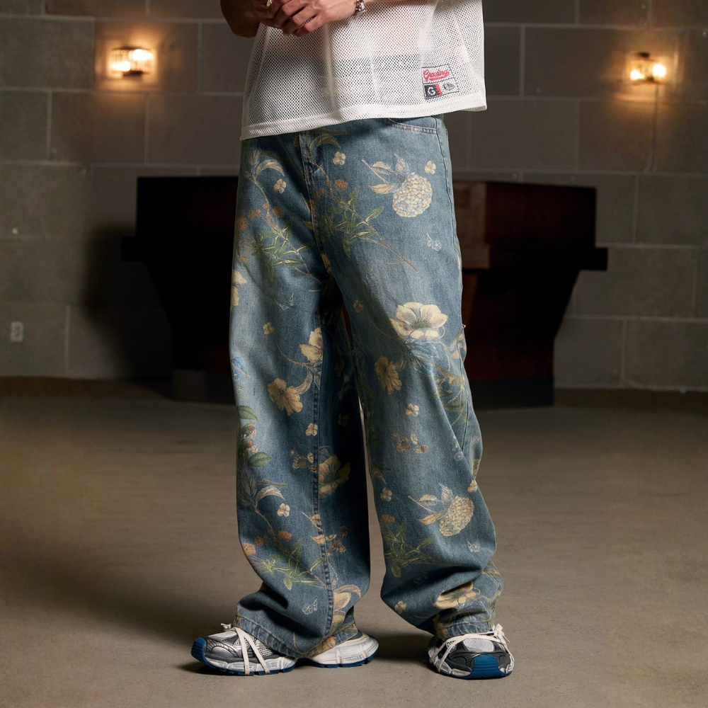 Denim Floral Print Jeans