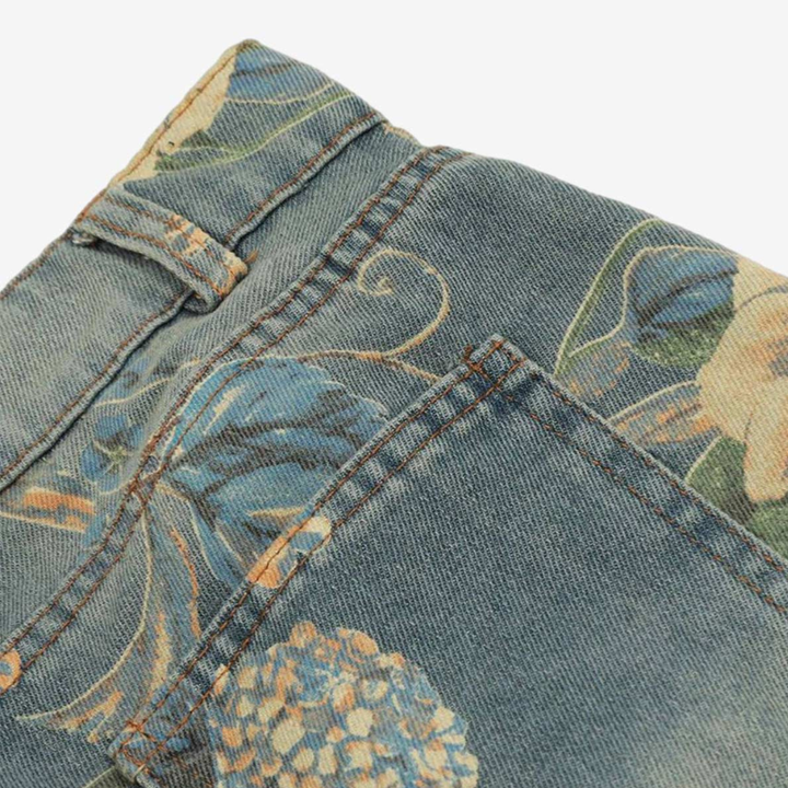 Denim Floral Print Jeans