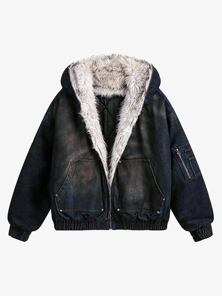 Washed Denim Fur Hooded Jacket - 2265