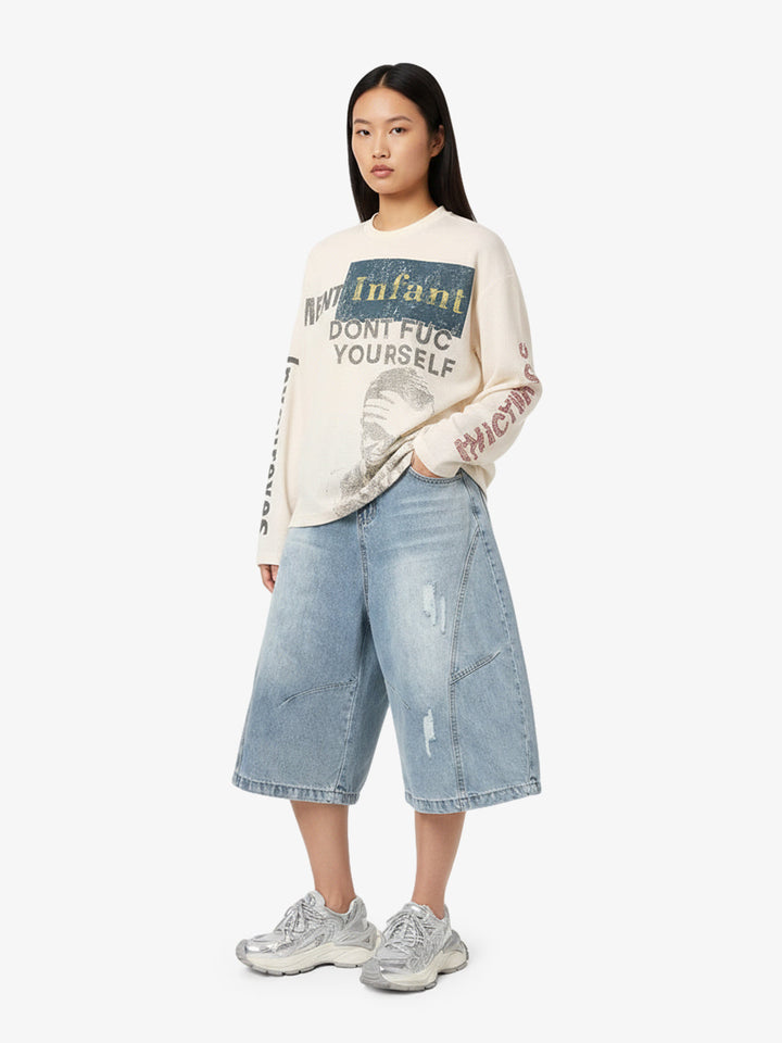 Waffle Knit Graphic Print Crewneck Sweatshirt